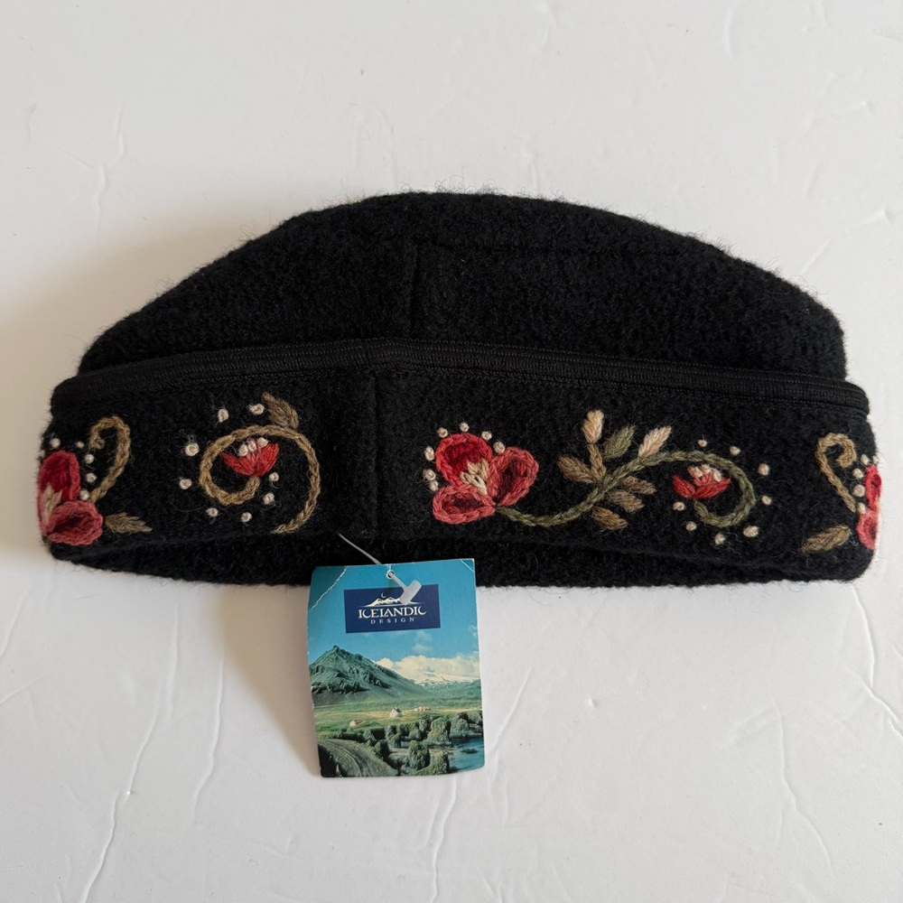 Icelandic Design Black Wool Hat with Red Floral Embroidery